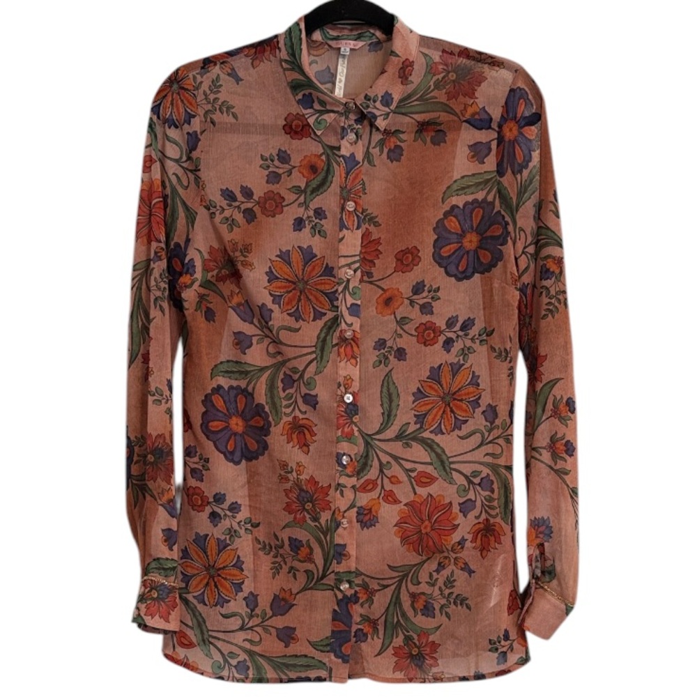 Guess Orange and Floral Sheer Sustainable Button Down Top